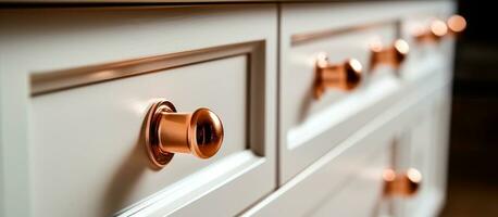 AI generated White drawer cabinet wit copper handel close up photo