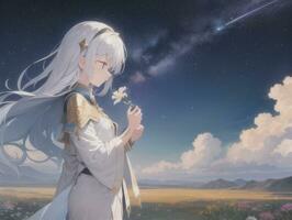 AI generated Anime Character with Starry Sky and Celestial Star Visual Novel Background photo