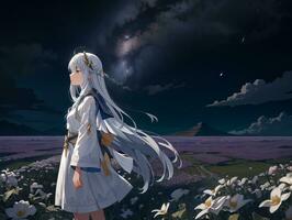 AI generated Anime Character with Starry Sky and Celestial Star Visual Novel Background photo