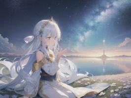 AI generated Anime Character with Starry Sky and Celestial Star Visual Novel Background photo