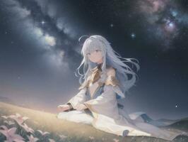 AI generated Anime Character with Starry Sky and Celestial Star Visual Novel Background photo