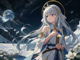 AI generated Anime Character with Starry Sky and Celestial Star Visual Novel Background photo