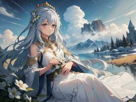 AI generated Anime Character with Starry Sky and Celestial Star Visual Novel Background photo