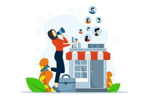 concept of attracting store customers. Businessman holding megaphone to attract customers to come. Market magnets attract loyal customers. interesting business vector concept. vector illustration.