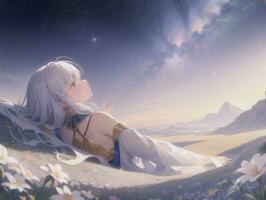 AI generated Anime Character with Starry Sky and Celestial Star Visual Novel Background photo