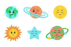 Cute kawaii planet character set. Funny faces of Earth, sun, moon, star and planets. Cartoon flat vector illustration.