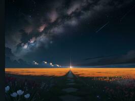 AI generated Surreal Landscape With Field and Nature Looking at the Celestial Starry Sky Majestic Background photo