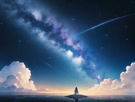 AI generated Surreal Landscape With Field and Nature Looking at the Celestial Starry Sky Majestic Background photo