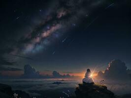 AI generated Surreal Landscape With Field and Nature Looking at the Celestial Starry Sky Majestic Background photo