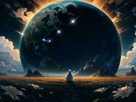 AI generated Surreal Landscape With Field and Nature Looking at the Celestial Starry Sky Majestic Background photo