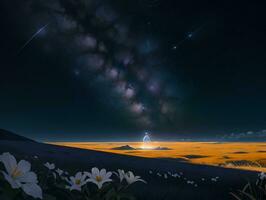 AI generated Surreal Landscape With Field and Nature Looking at the Celestial Starry Sky Majestic Background photo