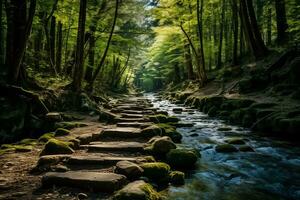 ai generado encantado bosque caminar por susurro río foto