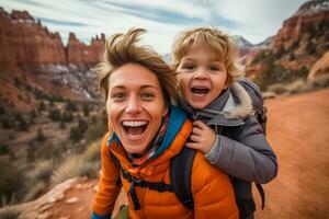 ai generado familia caminata, alegre momentos en naturaleza foto