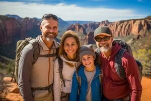 ai generado alegre familia aventuras en Desierto montañas foto