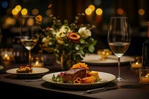 ai generado romántico alumbrado por velas cena para dos foto