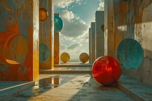 AI generated Sunset Glow on Spherical Modern Structures photo