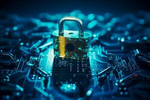 AI generated Gold Padlock Securing Blue Circuit Board photo