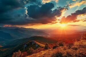 ai generado otoño montaña puesta de sol vibrante cielo foto