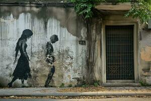 AI generated Urban Mother Child Bond, Graffiti Silhouettes photo