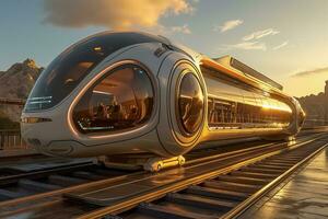 AI generated Futuristic Train Halts at Sunset Station photo