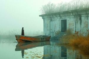 ai generado misterioso oxidado bote de remos derivas por abandonado orilla del lago restos foto