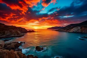 AI generated Serene Sunset, Coastal Bliss Reflections photo