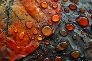 AI generated Autumn Splendor, Dew Kissed Leaves Close Up photo