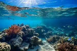 ai generado iluminado por el sol submarino oasis, coral arrecife generosidad foto