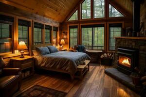 AI generated Rustic Cabin Bedroom, Fireplace and Forest Views photo