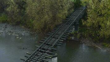 vecchio ferrovia ponte al di sopra di un' fiume. fuco volo al di sopra di ponte di vecchio stretto valutare ferrovia video