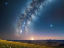 ai generado surrealista paisaje con campo y naturaleza mirando a el celestial estrellado cielo majestuoso antecedentes foto