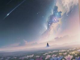 AI generated Surreal Landscape With Field and Nature Looking at the Celestial Starry Sky Majestic Background photo