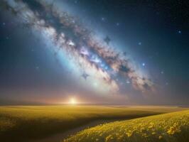 AI generated Surreal Landscape With Field and Nature Looking at the Celestial Starry Sky Majestic Background photo