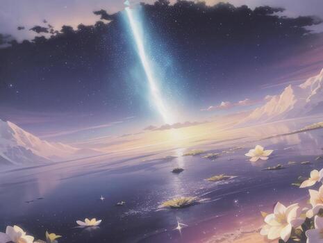 AI generated Surreal Landscape With Field and Nature Looking at the Celestial Starry Sky Majestic Background photo