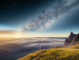 AI generated Surreal Landscape With Field and Nature Looking at the Celestial Starry Sky Majestic Background photo