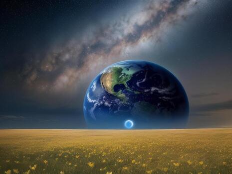 AI generated Surreal Landscape With Field and Nature Looking at the Celestial Starry Sky Majestic Background photo