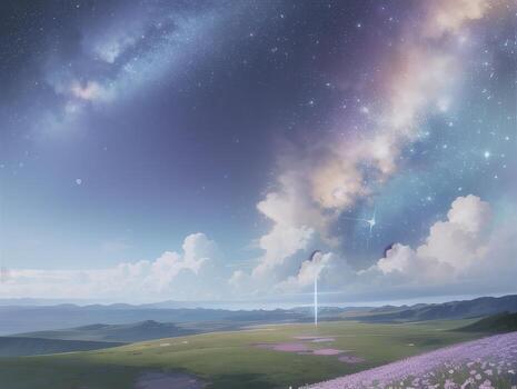 AI generated Surreal Landscape With Field and Nature Looking at the Celestial Starry Sky Majestic Background photo