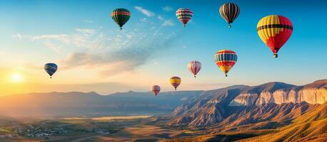 AI generated Colorful hot air balloons flying over mountain photo
