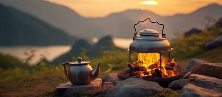 AI generated Camp fire and tea pot, tent and mountains in the background at sunset photo