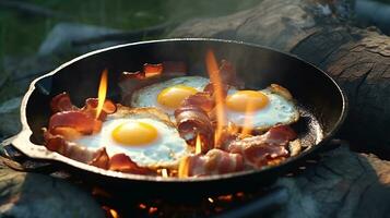 AI generated Camping breakfast with bacon and eggs in a cast iron skille photo