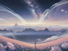 AI generated Surreal Landscape With Field and Nature Looking at the Celestial Starry Sky Majestic Background photo