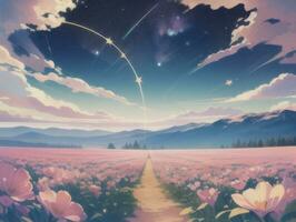AI generated Surreal Landscape With Field and Nature Looking at the Celestial Starry Sky Majestic Background photo