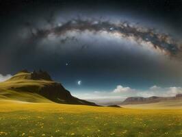 AI generated Surreal Landscape With Field and Nature Looking at the Celestial Starry Sky Majestic Background photo