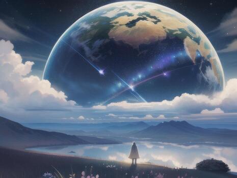 AI generated Surreal Landscape With Field and Nature Looking at the Celestial Starry Sky Majestic Background photo