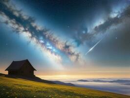 ai generado surrealista paisaje con campo y naturaleza mirando a el celestial estrellado cielo majestuoso antecedentes foto