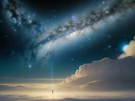 AI generated Surreal Landscape With Field and Nature Looking at the Celestial Starry Sky Majestic Background photo