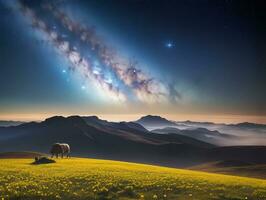 ai generado surrealista paisaje con campo y naturaleza mirando a el celestial estrellado cielo majestuoso antecedentes foto