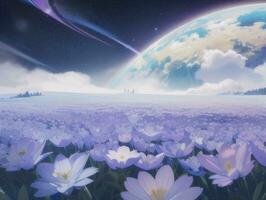 AI generated Surreal Landscape With Field and Nature Looking at the Celestial Starry Sky Majestic Background photo