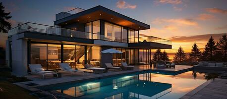 ai generado moderno casa con piscina y puesta de sol foto