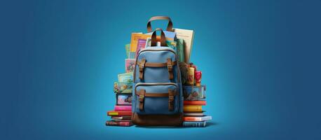 AI generated Full school backpack with books isolated on blue background with copy space photo